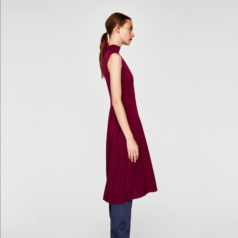 NWT Zara Burgundy XS S Plum Bow Neck Tie Bow Jersey Fit Flare Flowy A-Line Midi - Picture 14 of 17